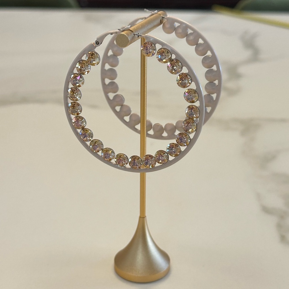 TOVA - Beige Enamel Light Colorado Topaz Crystal Hoop Statement Pierced Earrings